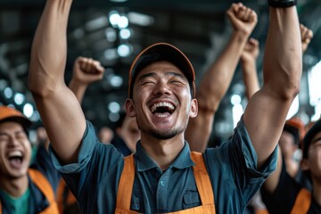 A group of factory workers celebrating after a long shift, teamwork and resilience, industrial background