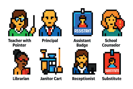 Education and school pixel art icons set &ndash; retro style learning and teaching symbols: teacher, principal, assistant, librarian, janitor, receptionist, counselor