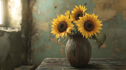 Bright golden sunflowers resting in an aged wooden vase bringing warmth to a neutral space generative ai