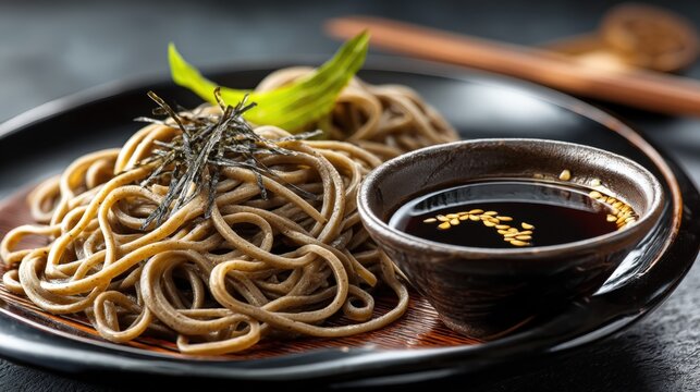 Delicious cold soba noodles served with dipping sauce on glossy black plate