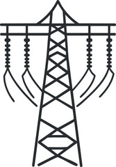 Black and white line drawing of an electricity transmission tower with high voltage power lines and insulators