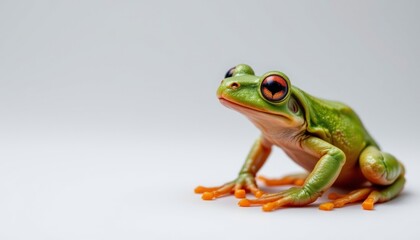 Obraz premium Vibrant Green Tree Frog with Striking Orange Toes Posing on White Background
