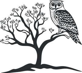 Black and white illustration of an owl perched on a leafless tree branch in a natural setting.