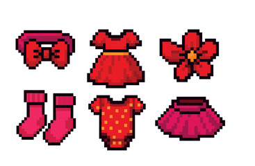 Baby clothing pixel art icons set &ndash; cute retro style for fashion, newborn, and kids wear: dress, onesie, socks, headband, flower, skirt