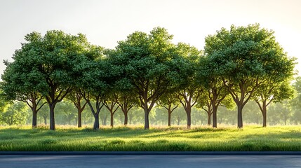 Row Of Trees In Green Meadow With Sunlight High Resolution Photo