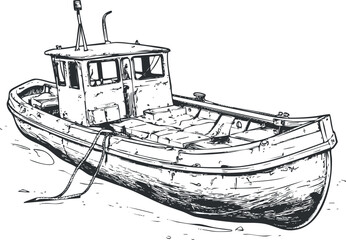 Hand drawn black and white illustration of a fishing boat docked at the shore with ropes tied to it