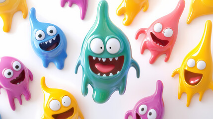 Colorful cartoon slime monsters with playful expressions on a bright white background. [Electric Myths] | Lucid Leviathans | bright monsters. Illustration