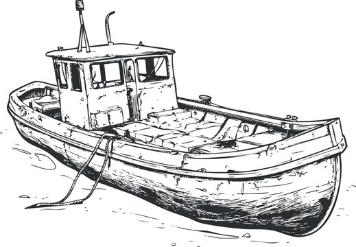 Fototapeta Hand drawn black and white illustration of a fishing boat docked at the shore with ropes tied to it