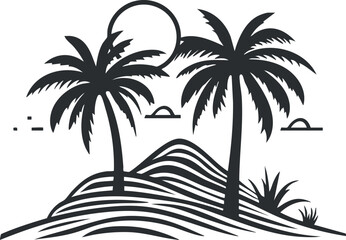 Black and white silhouette of a tropical island with two palm trees and sun over hills