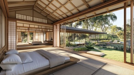 Spacious, light-filled modern Japanese-style bedroom with garden views.