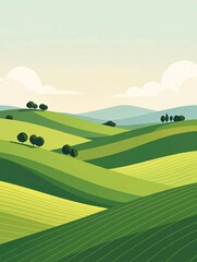 green field and blue sky illustration wall art poster in colorful style 