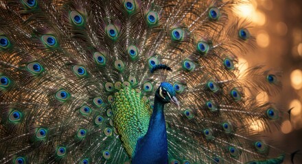Obraz premium Peacock Displaying Its Feathers In Bright Natural Light