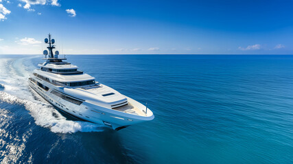 Modern luxury yacht speeding on calm sea. Travel and freedom concept.
