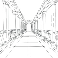 Black and white sketch of a long classical corridor with columns and balustrades in perspective view