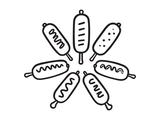 Set of 6 pcs Different type of Corn Dog Clear Vision Simple Line Art on White Background