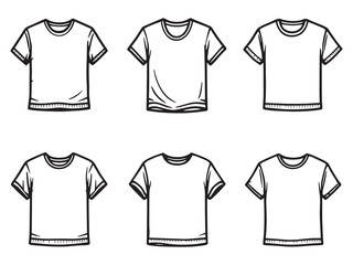 Set of 6 pcs Different type of Crew Neck T-Shirt Clear Vision Simple Line Art on White Background