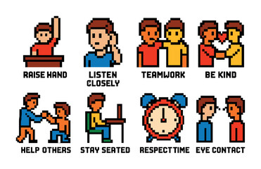 Naklejka premium Educational pixel art icon set – vibrant classroom, communication, and teamwork symbols for learning environments: raise hand, listen, teamwork, kindness, help