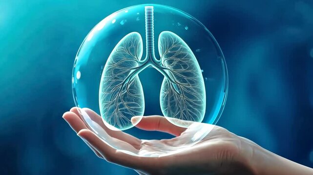 Futuristic holographic lungs in hand highlighting innovative medical technology
