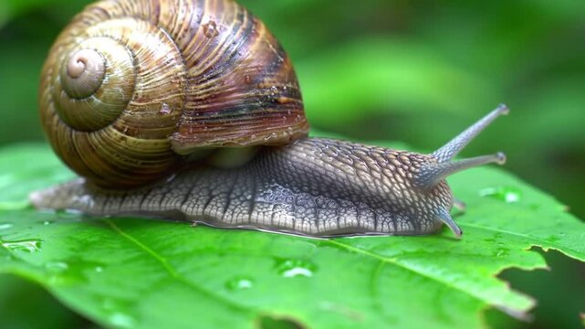 Snail Particula. Snail nature wildlife animal garden invertebrate slow slugs mollusk shell leaf macro fauna Video 4k