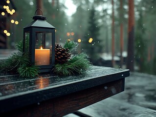 Snowy lantern on a wooden deck