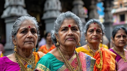 Fototapeta premium A group of Hindu women in colorful saris carrying offerings to a temple, cultural vibrance