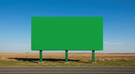 Blank billboard PSD. Green blank billboard against blue sky and open field
