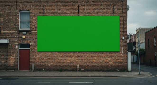Blank billboard PSD. Blank green billboard on brick wall