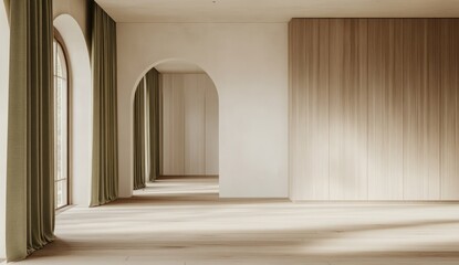Empty sun-drenched room with arches, light wood, and sage green curtains.  Spacious, minimalist interior