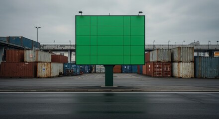 Blank billboard PSD. Empty green billboard in a shipping yard