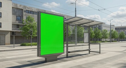 Fototapeta premium Blank billboard PSD. Empty bus stop with green billboard on urban street