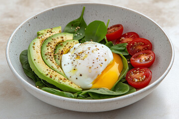 Savory breakfast bowl with avocado slices, poached egg, spinach, and cherry tomatoes &mdash; healthy clean eating concept