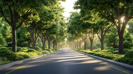 Fototapeta premium Scenic Road Surrounded By Lush Green Trees And Bushes In Serene Environment High Resolution Photo