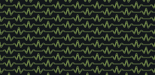 Green Waveform on Black Texture. Pulse shape line art seamless geometric vector pattern design in green color.