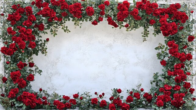 Fototapeta Red Roses Frame on White Wall Background Romantic Floral Border