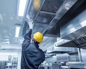 Worker Inspecting Commercial Kitchen Ventilation System
