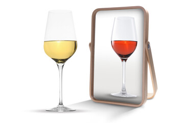 White wine in glass reflecting in mirror as red, white background. Opposite, contrast, difference