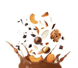 Chocolate splash with nuts on white background
