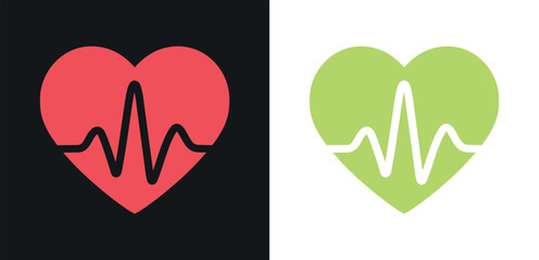 Red and green heart with pulse line icon isolated on a black and white background. Heartbeat medical concept.
