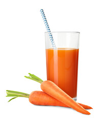 Tasty carrot juice in glass and fresh vegetables on white background