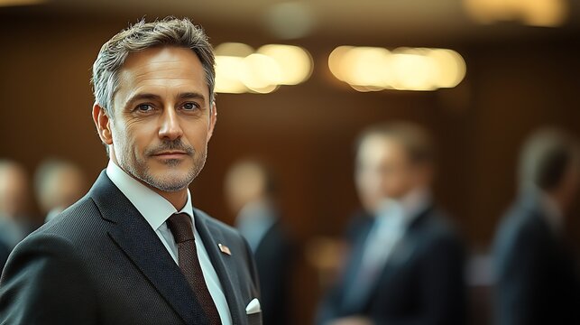 American CEO a sleek suit at a seminar medium shot 50mm f12 S