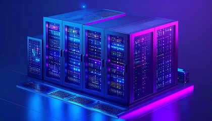 Isometric Render of Data Center with Glowing Servers and Cyber Security