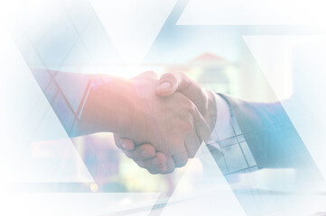 Double exposure with cityscape and photo of businesspeople shaking hands. Deal or partnership concept