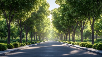 Obraz premium Serene Pathway With Lush Green Trees In Summertime Sunlight High Resolution Photo