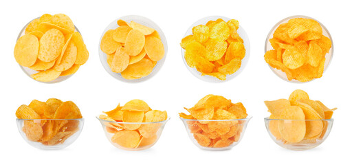 Delicious crispy potato chips in bowls isolated on white, collage. Top and side views