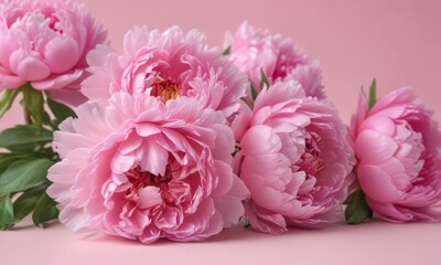 Close-up of clustered pink peonies on a soft pink backdrop , vibrant, flowers, flower arrangement