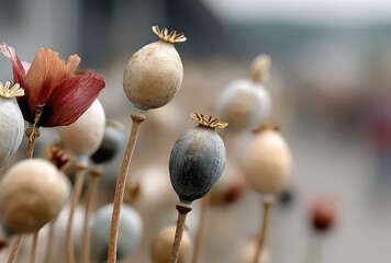 Poppy Seed Pods in a Field: Close-Up of Dried Seedheads and Textured Capsules in Natural Light