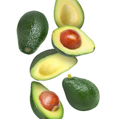 Fresh avocado fruits falling on white background
