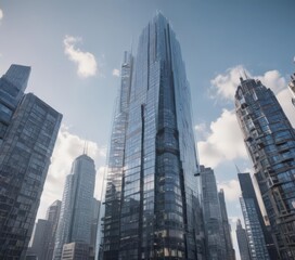 Obraz premium Sleek glass skyscraper rising, city skyline backdrop, crane, design, concrete