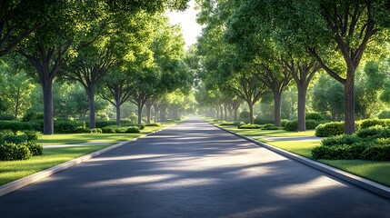Obraz premium Serene Tree Lined Street With Lush Greenery And Tranquil Asphalt Road Scenery