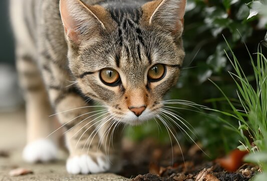 Focused tabby cat intently stares forward with alert eyes amid grass and dirt